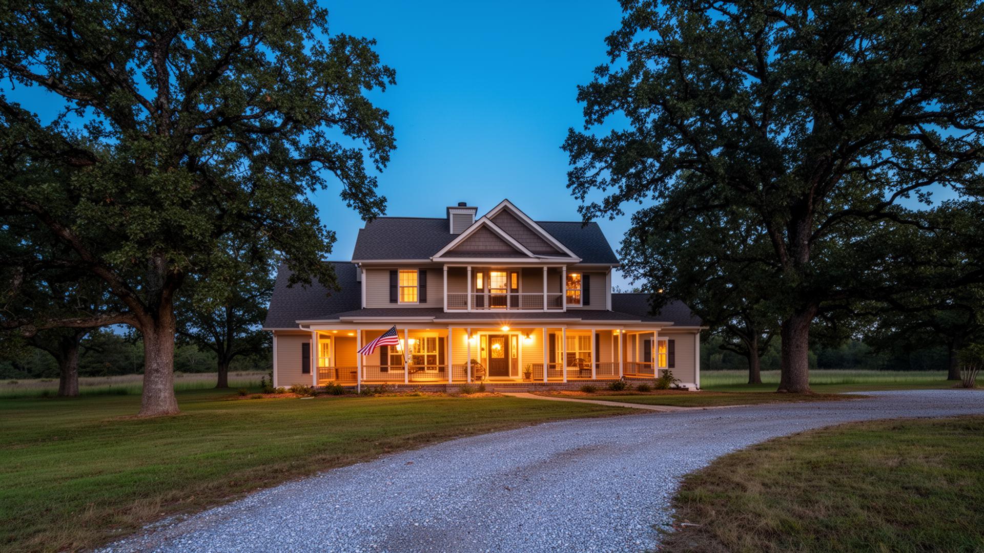 A welcoming home with a wide front porch at sunset