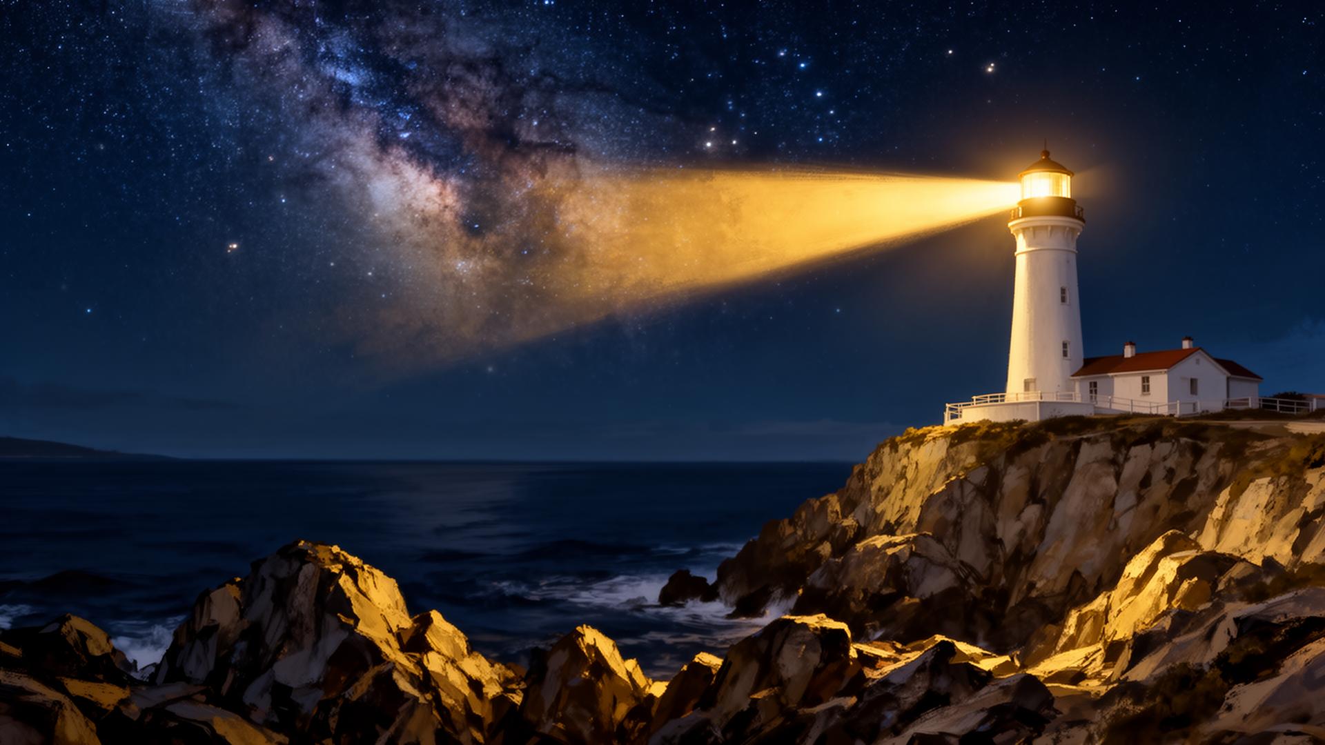A lighthouse casting a warm beam across the water at night