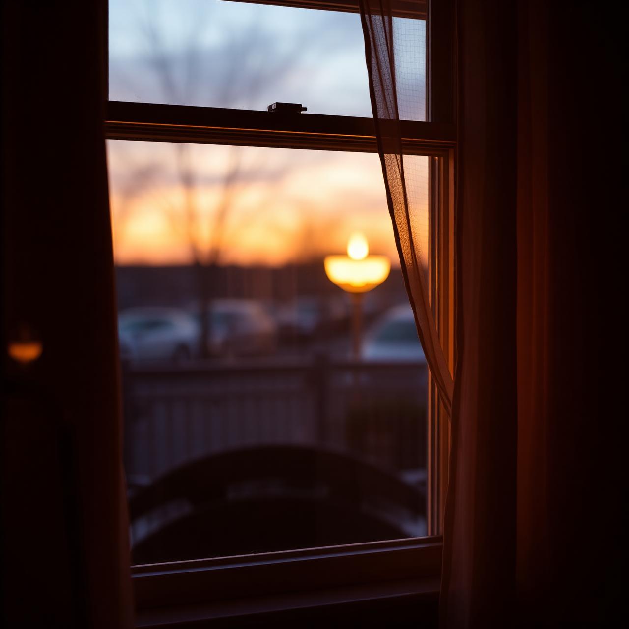 A glowing candle in a window at dusk