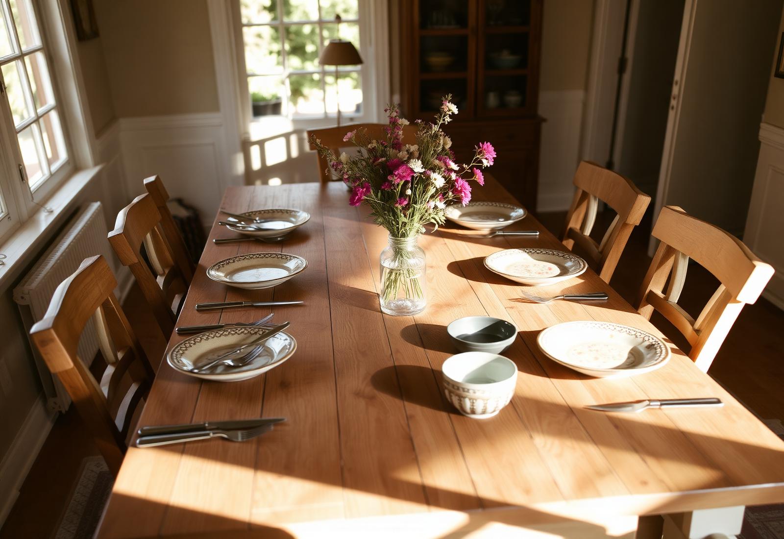 A long farmhouse dining table set for many